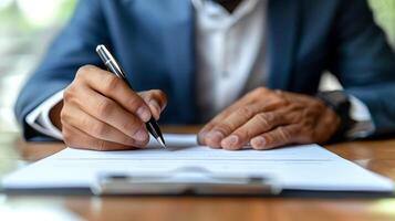 ai generado negocio hombre utilizando bolígrafo firma, escribiendo foto