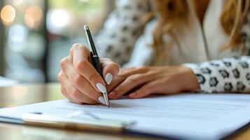 ai generado mujer de negocios utilizando bolígrafo firma, escribiendo en oficina foto