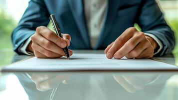 ai generado negocio hombre utilizando bolígrafo firma, escribiendo foto