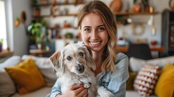 AI generated Woman with dog in living room photo