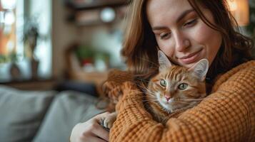 ai generado mujer abrazando gato en sofá en vivo habitación foto