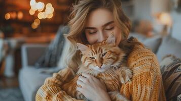 AI generated Woman hugging cat on couch in living room photo