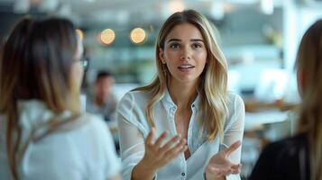 ai generado joven negocio mujer hablando con un colega en su oficina foto