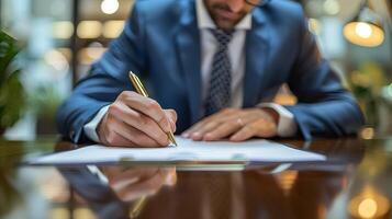AI generated Business man using pen signing, writting photo
