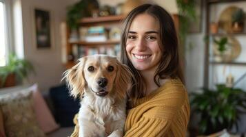 AI generated Woman with dog in living room photo