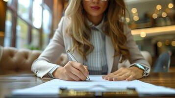 ai generado mujer de negocios utilizando bolígrafo firma, escribiendo en oficina foto