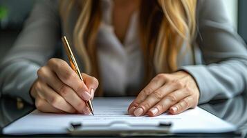 AI generated Busineswoman using pen signing, writting in office photo