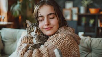 AI generated Woman hugging cat on couch in living room photo