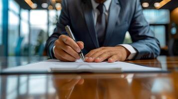 ai generado negocio hombre utilizando bolígrafo firma, escribiendo foto