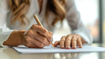 ai generado mujer de negocios utilizando bolígrafo firma, escribiendo en oficina foto