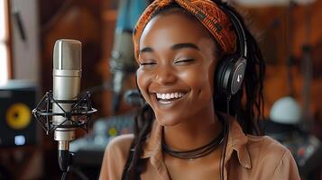 AI generated Woman singing in a studio for radio photo