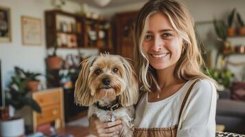 AI generated Woman with dog in living room photo