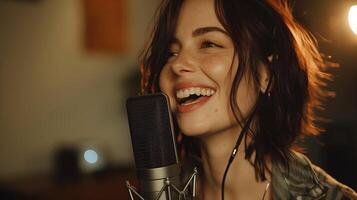 ai generado mujer canto en un estudio para radio foto