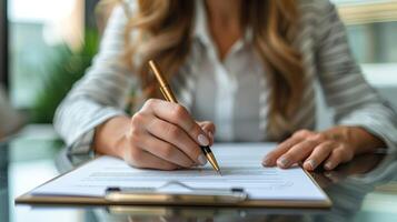 ai generado mujer de negocios utilizando bolígrafo firma, escribiendo en oficina foto