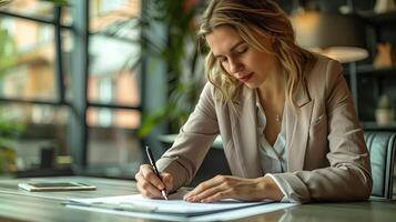 ai generado mujer de negocios utilizando bolígrafo firma, escribiendo en oficina foto