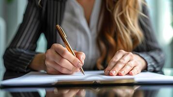 ai generado mujer de negocios utilizando bolígrafo firma, escribiendo en oficina foto