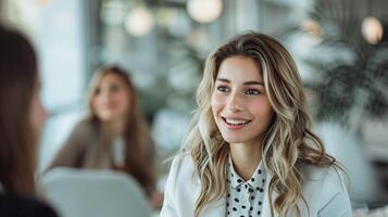 ai generado joven negocio mujer hablando con un colega en su oficina foto