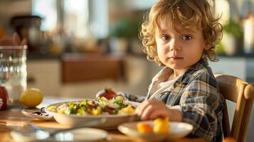 AI generated A little boy having a breakfast in a kitchen in the morning photo