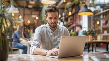 ai generado hombre trabajando en ordenador portátil en cafetería, difuminar personas en antecedentes foto