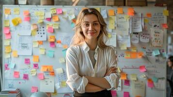AI generated woman in front of wall with sticky notes photo