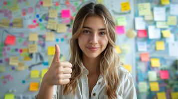 AI generated Woman showing thumb up in front of wall with sticky notes photo