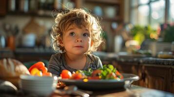 AI generated A little boy having a breakfast in a kitchen in the morning photo