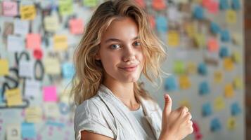 AI generated Woman showing thumb up in front of wall with sticky notes photo