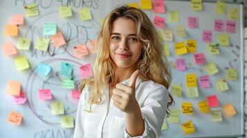 AI generated Woman showing thumb up in front of wall with sticky notes photo