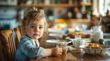 ai generado un pequeño niña teniendo un desayuno en un cocina en el Mañana foto