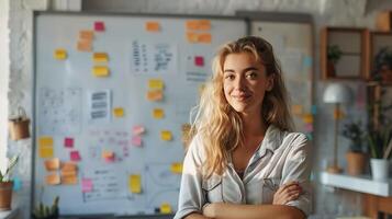 ai generado mujer en frente de pared con pegajoso notas foto