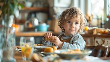 AI generated A little boy having a breakfast in a kitchen in the morning photo