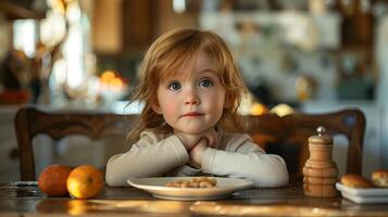 ai generado un pequeño chico teniendo un desayuno en un cocina en el Mañana foto