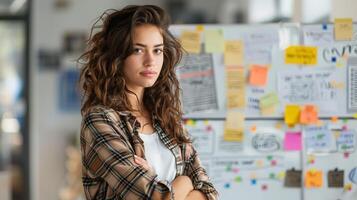 AI generated portrait of woman in front of wall with sticky notes, adhesive notes on wall photo