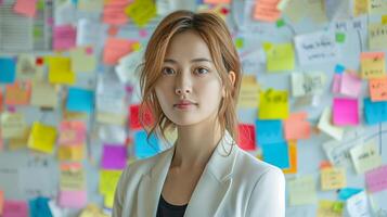 AI generated woman in front of wall with sticky notes photo