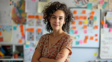 ai generado retrato de mujer en frente de pared con pegajoso notas, adhesivo notas en pared foto