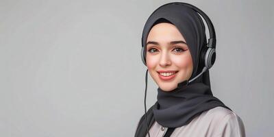 AI generated Confident Muslim Woman with Headset Providing Customer Support photo