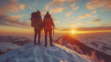 ai generado cumbre triunfo Pareja abrazando invierno puesta de sol en montaña pico foto