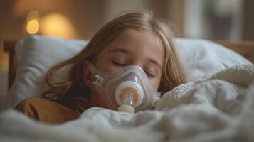 ai generado niño paciente recepción oxígeno terapia en cama foto