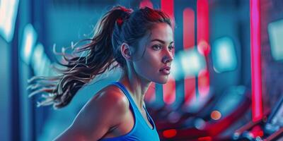 AI generated Determined Athlete on Treadmill in Neon-Lit Gym photo