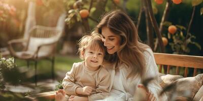 AI generated Mother and Son Enjoying Peaceful Spring Day in Home Garden photo