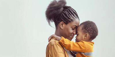 ai generado oferta abrazo africano americano madre y niño compartiendo un amoroso momento foto