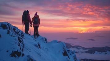 ai generado cumbre triunfo Pareja abrazando invierno puesta de sol en montaña pico foto