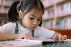 A young girl is reading a book in a library photo