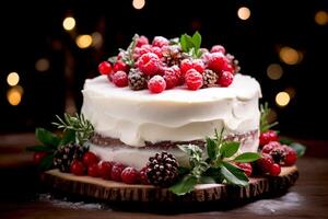 AI generated Layered cake decorated with berries, raspberries on top and fresh leaves, pine cones decoration on bokeh background for Christmas season or Birthday photo