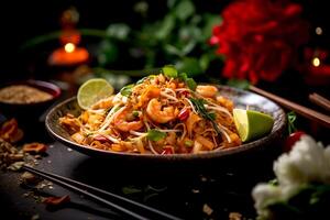 AI generated Pad Thai with shrimp, eggs, bean sprouts, peanuts, spring onion and lime famous food menu in Thailand photo