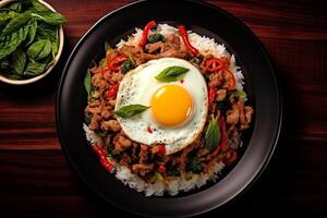 AI generated Top view Stir fried minced pork, chili and Thai basil leaves spicy with fried eggs on topped rice, Local food street menu in Thailand photo