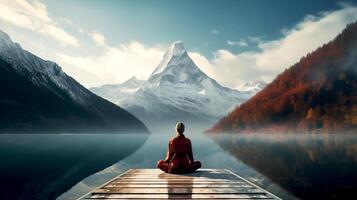 ai generado calma Mañana meditación escena de un joven mujer es meditando mientras sentado en de madera muelle al aire libre con hermosa lago y montañas naturaleza. bienestar alma concepto foto