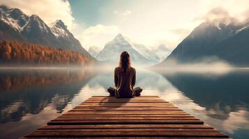 ai generado calma Mañana niebla meditación escena de un joven mujer es meditando mientras sentado en de madera muelle al aire libre con hermosa lago y montañas naturaleza. bienestar alma concepto foto