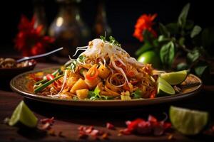 AI generated Closeup Thai with eggs, bean sprouts, peanuts, tofu and spring onion famous food menu in Thailand, Asia photo