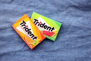 KYIV, UKRAINE - NOVEMBER 27, 2023 Trident chewing gum pack. Trident is famous US chewing gum brand photo